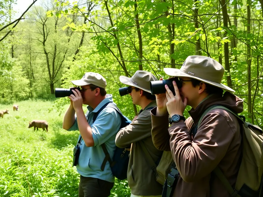 A photograph capturing members of the ASSOCIATION COMMUNALE DE CHASSE AGREEE DE MOURJOU conducting a wildlife survey, using binoculars and tracking equipment to monitor animal populations in a protected area.