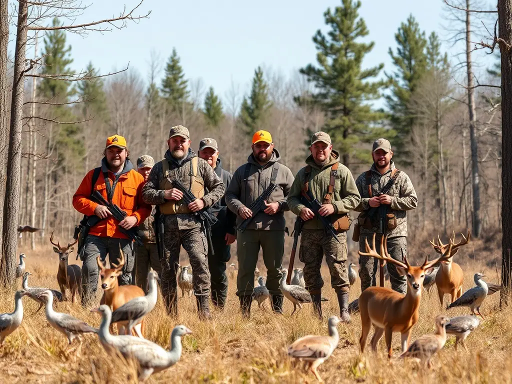 A group of hunters participating in a controlled hunt, demonstrating responsible hunting practices and adherence to regulations, in a natural setting with diverse wildlife.