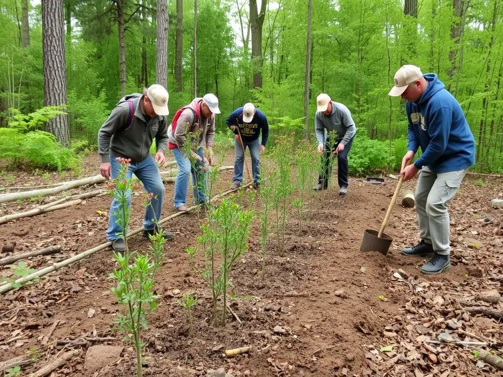 A photograph depicting a group of ASSOCIATION COMMUNALE DE CHASSE AGREEE DE MOURJOU members participating in a wildlife habitat restoration project, planting native trees and shrubs to enhance biodiversity.