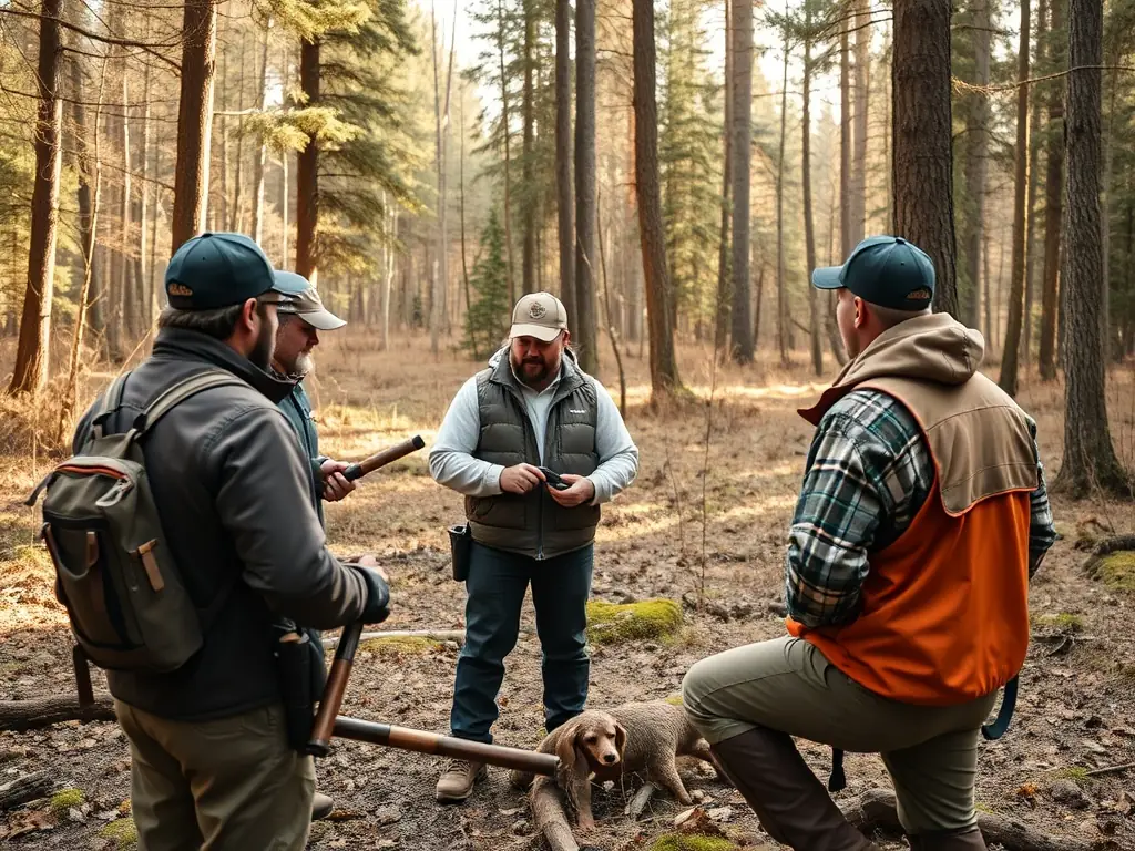 An image showing a group of hunters from the ASSOCIATION COMMUNALE DE CHASSE AGREEE DE MOURJOU attending a workshop on sustainable hunting practices, with an instructor demonstrating proper techniques.
