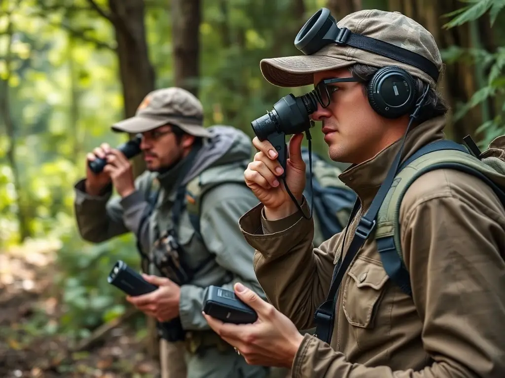 A photograph capturing ASSOCIATION COMMUNALE DE CHASSE AGREEE DE MOURJOU members participating in a wildlife monitoring program, using binoculars and tracking devices to observe and record animal populations.
