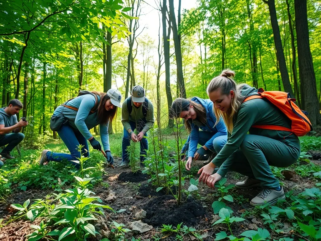 A photograph depicting members of the ASSOCIATION COMMUNALE DE CHASSE AGREEE DE MOURJOU participating in a habitat restoration project, planting native trees and shrubs in a local forest area.