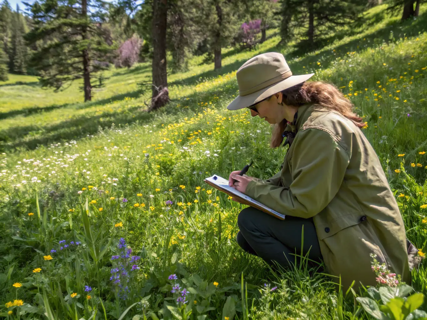 A wildlife biologist conducting a habitat assessment, collecting data on flora and fauna, and implementing conservation strategies in a protected area.