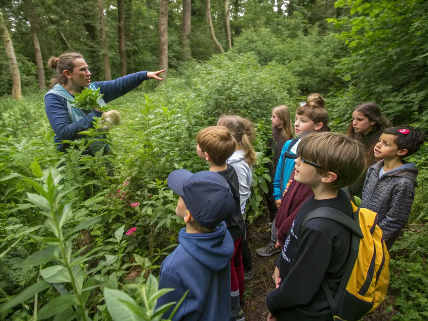 A group of students participating in an educational workshop on wildlife conservation, learning about local species, ecological balance, and responsible hunting practices.